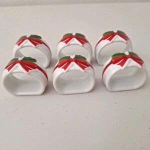 Christmas Ribbon Bow Holly Porcelain Set Of 6‎ Napkin Rings 1986 Japan Vintage